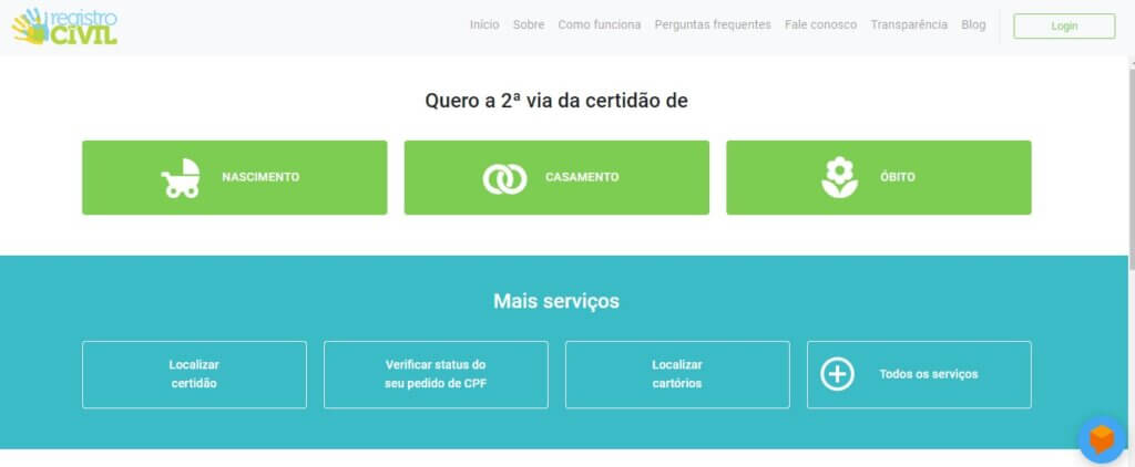 Página para consultar status civil no site Registro Civil